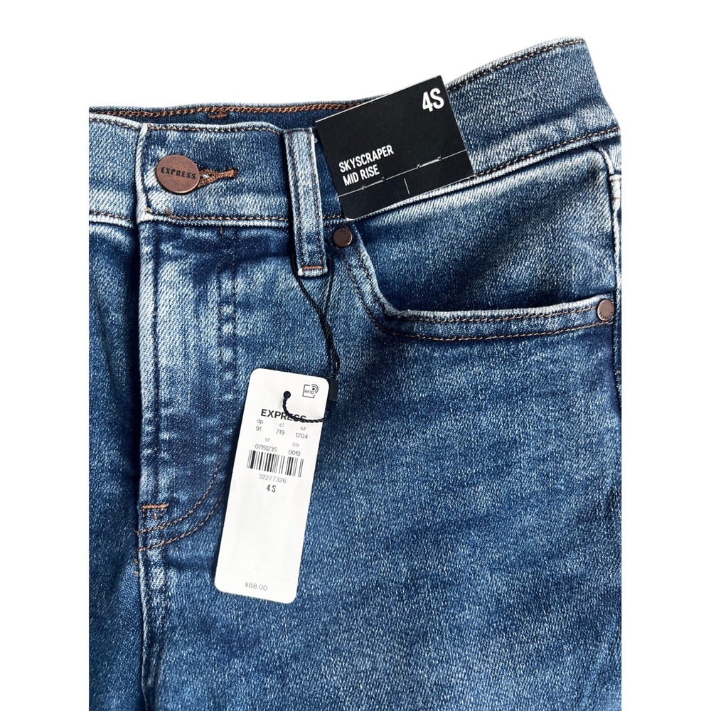 Express Skyscraper Mid Rise Jeans Womens 4S Blue Medium Wash Flare Side Slit NEW
